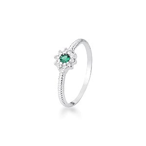 Anel Flor em Prata 925 com Pedra Verde e Zircônias