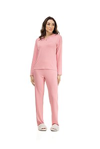 Pijama longo rosa com renda