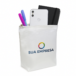 Necessaire Vertical Personalizada | Branca com Brilho 16x19cm | Poliéster Premium | Sua Logo Aqui!