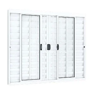 Janela Veneziana 6 Folhas com Grade – Linha Modular | Alumínio Branco e Vidro Liso