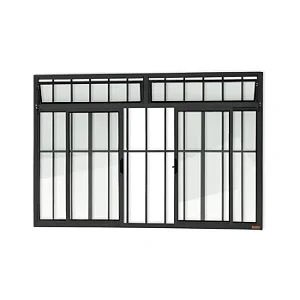 Janela Vitro de Correr 4 Folhas com Bandeira e Grade | Vidro Liso, Alumínio Preto – Linha Modular