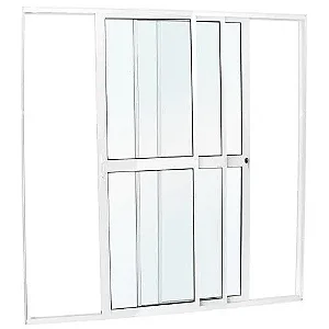 Porta de Correr 3 Folhas Móveis em Alumínio Branco | Linha 25 com Vidro Liso e Fechadura de Segurança