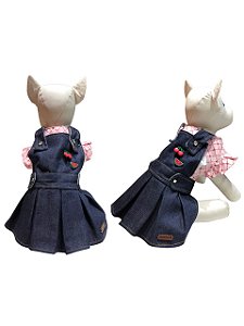 Jardineira Pet Jeans C/ Camiseta Rosa Para Cadelas