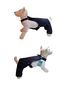 Jardineira Jeans Pet Calça Com Camisa Branca Para Cachorros