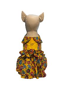 Vestido Pet São João Floral C/ Colete Amarelo Para Cadelas