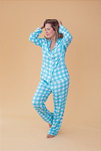 Pijama americano longo Xadrez Azul