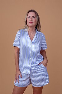 Pijama americano curto Listrado Azul