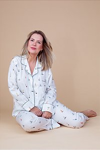 Pijama americano longo Branco Barquinho