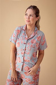 Pijama longo Cinza com Flores Vermelhas