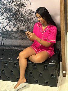 Pijama americano curto Pink com vivo verde limão