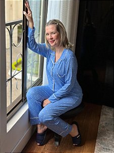 Pijama americano longo Azul com poá Off - tamanho P