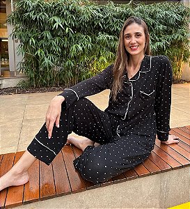 Pijama Americano Longo Preto com poá OFF - tamanho P