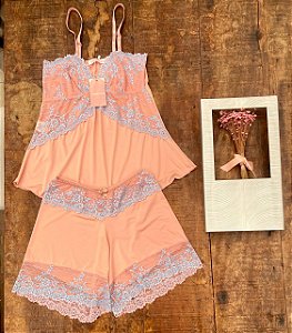 Babydoll Salmão com renda azul claro