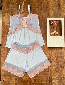 Babydoll Azul bebê com renda salmão