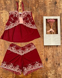 Babydoll Marsala com renda salmão