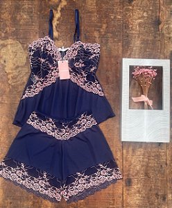 Babydoll Marinho com renda salmão