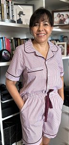 Pijama americano curto listras vinho