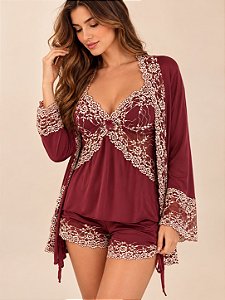 Babydoll com Robe Marsala e renda bege