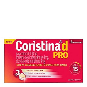 Antigripal, Analgésico e Descongestionante Coristina D Pro 400mg + 4mg + 4mg 8 Comprimidos