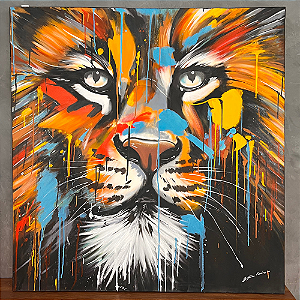 Quadro - Leão – Tinta Escorrida - Tela Artistica - Tamanho 120x120