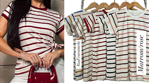 Blusa TShirt babylook Listrada com casual Listras Básicas Moda Feminina