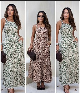 VESTIDO LONGO DE ALCA ESTAMPA ONCINHA ANIMAL PRINT