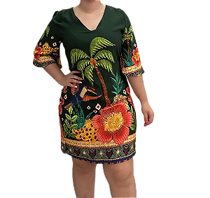 Vestido Inspiração Curto Manga Estampado Único