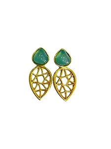 Brinco Folhado á Ouro em Pedra Natural Ágata Azul Céu