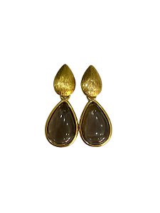 Brinco Folhado á Ouro Pedra Natural Ágata Fumê