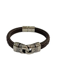 Pulseira de Couro Marrom com transado na parte superior, feicho Ima Prata 22cm - Convex