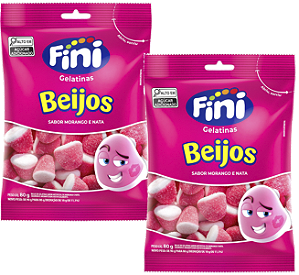 Kit 2 Bala Gelatinas Beijos Morango e Nata 80g Fini
