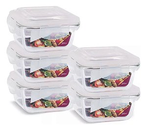 Kit 5 Potes Vidro Hermético Trava Quadrado 320ml Marmita