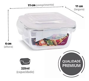 Kit 5 Potes Vidro Hermético Trava Quadrado 320ml Marmita