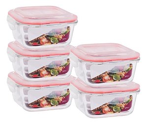 Kit 5 Potes Vidro Hermético Trava Quadrado 520ml Marmita