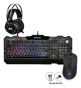 Kit Gamer Mouse sem fio Teclado Semi Mecanico e Headset RGB