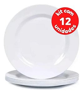 Kit Jogo 12 Pratos Branco de Melamina 25cm Buffet Hotel Raso