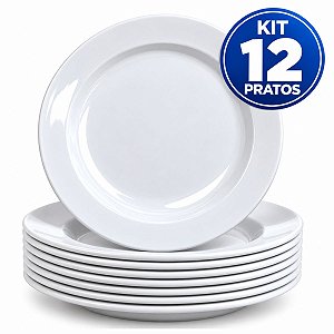 Kit Jogo 12 Pratos Branco de Melamina 25cm Buffet Hotel Raso
