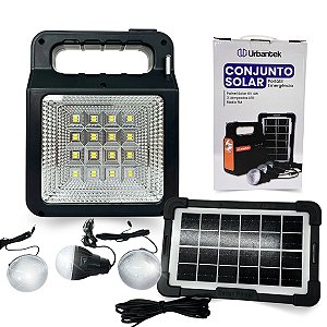 Conjunto Solar Portátil de Emergência C/ Painel Solar 6V 4W, 3 Lâmpadas LED e Rádio FM Urbantek