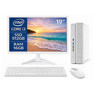 Computador Slim Branco Completo I3 8ªGeração 16GB SSD 512GB Windows 11 Com Monitor 19", Teclado e Mouse S/ Fio