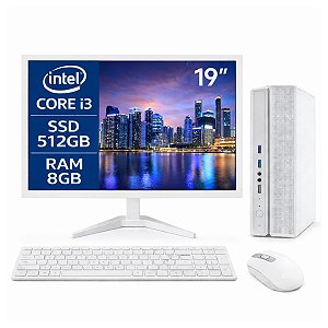 Computador Slim Branco Completo I3 8ª Gen 16GB SSD 256GB Windows 11 Monitor 19" Teclado e Mouse S/ Fio