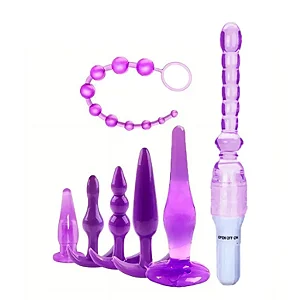 Kit 7 peças Plug Anal + Vibrador de Silicone