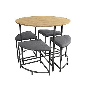 Mesa de Sala Jantar com Tampo Madeirado 90 cm + 4 Banquetas Freijó/Preto Fosco