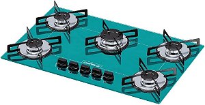Cooktop 5 Bocas Chamalux Ultra Chama Verde Água | Bivolt | Trempes de Chapa | Vidro Temperado