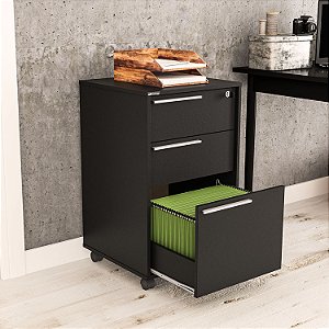 Gaveteiro Arquivo com Rodízios Maia 3 Gavetas com Chave Preto - Politorno