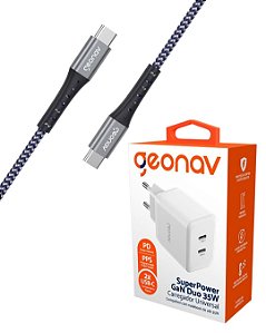 Kit Carregador 35w Turbo + Cabo Lightning Usb-c para Usb-c Kevlar 2m Geonav