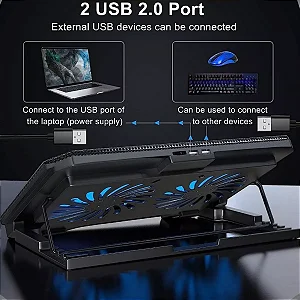 Suporte Base Refrigerada 2 Coolers Ventoinhas Resfriar Notebook Ventilação Silenciosa Ajustável Até 17 Pol Usb Cor Preto Led Azul