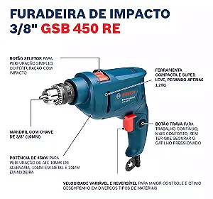 FURADEIRA IMPACTO BOSCH GSB 450W 220V