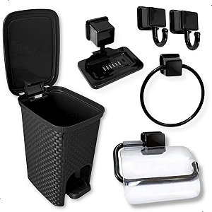 Kit Porta Acessórios Banheiro Lixeira Pedal 7 Litros Rattan Preto ArqPlast