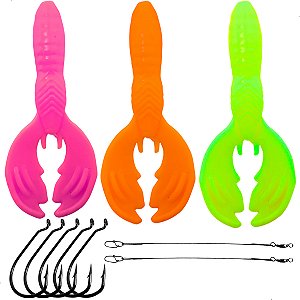 Kit 3 Iscas Mini Craw + Anzol Offset + Chicote Pesca Esportiva
