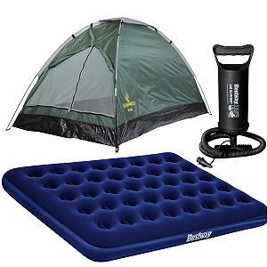Kit Barraca Camping 3 Lugares Koala + Colchão Casal Bestway Acampamento + Bomba Manual